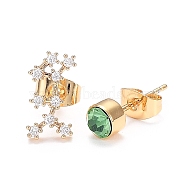 Brass Micro Pave Cubic Zirconia Stud Earrings, Asymmetrical Earrings, with 925 Sterling Silver Pins and Ear Nuts, Flat Round & Constellation/Zodiac Sign, Golden, Spring Green, Virgo, 12.5x7mm and 5mm, Pin: 0.8mm(EJEW-I253-01I)