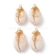 Natural Cowrie Shell Wire Wrapped Pendants, with Eco-Friendly Golden Copper Wire, for Jewelry Making, Bisque, 25~35x14.5~19.5x8~10mm, Hole: 3mm(PALLOY-JF00571-02)