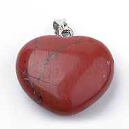 Natural Red Jasper Pendants, with Alloy Findings, Heart, Platinum, 27~29x28x11mm, Hole: 3.5x5mm(G-S219-18I)
