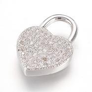 Brass Micro Pave Cubic Zirconia Pendants, Real Platinum Plated, Heart Padlock, 20x14x3.5mm, Hole: 6x6.5mm(ZIRC-F062-04P)