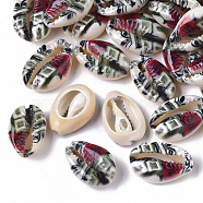 Printed Natural Cowrie Shell Beads, No Hole/Undrilled, with Flower Pattern, Dark Green, 18~21x12~15x7mm(X-SSHEL-R047-01-C10)