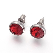 304 Stainless Steel Stud Earrings, with Rhinestone, Flat Round, Light Siam, 10x6mm, Pin: 0.9mm(EJEW-F182-A02)