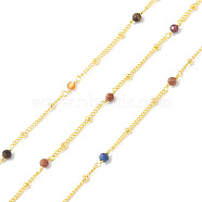 Brass Link Chains, with Gemstone Beads, Unwelded, with Spool, Golden, 2~9x1.5~3x0.8~3mm(CHS-P016-15G)