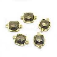 Natural Pyrite Links connectors, with Golden Tone Brass Findings, Square, Faceted, 16x11x5mm, Hole: 1.2mm(G-O177-15F-G)