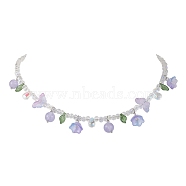 Glass with Malaysia Jade Beaded Necklaces, Jewely for Women, Flower, Plum, 18.78 inch(47.7cm)(NJEW-JN04680-01)
