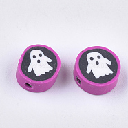 Halloween Theme Handmade Polymer Clay Beads, Flat Round with Ghost, Orchid, 10~11x5mm, Hole: 1.5mm(CLAY-S091-76)