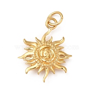 Ion Plating(IP) 304 Stainless Steel Pendants, with Jump Ring, Sun Charms, Real 14K Gold Plated, 19.5x15.5x3.5mm, Hole: 3.4mm(STAS-G295-40G)