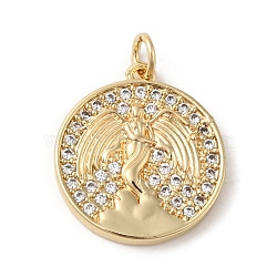 Rack Plating Brass Micro Pave Cubic Zirconia Pendants, Jump Ring, Lead Free & Cadmium Free, Flat Round & Angel Charm, Real 18K Gold Plated, 20x18x2.5mm, Hole: 3mm(KK-A190-13G)