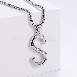 3Pcs Stainless Steel Textured Letter Pendant Box Chain Necklaces, Stainless Steel Color, Letter S(LW4134-45)