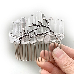 Natural Crystal Hair Combs, with Alloy Crown Hair Bands, for Women Girls, White, 78x37mm(PW-WGC6E88-14)