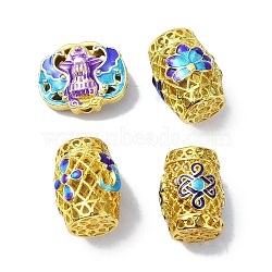 Rack Plating Brass Enamel Beads, Long-Lasting Plated, Lead Free & Cadmium Free, Column/Oval with Flower, Real 18K Gold Plated, Mixed Color, 13.5~16.5x12~17x7~13mm, Hole: 1.4~2.2mm(KK-M282-02G)