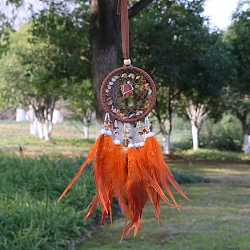 Natural Carnelian Chips Woven Net/Web with Feather Pendant Decoration, Iron Ring Hanging Ornament, 400x70mm(WICH-PW0001-39B)