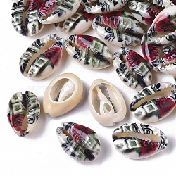 Printed Natural Cowrie Shell Beads, No Hole/Undrilled, with Flower Pattern, Dark Green, 18~25x12~15x7mm(X-SSHEL-R047-01-C10)