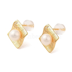 Sterling Silver Studs Earrings, with Natural Pearl,  Jewely for Women, Rhombus, Real 18K Gold Plated, 17x14mm(EJEW-K273-13G)