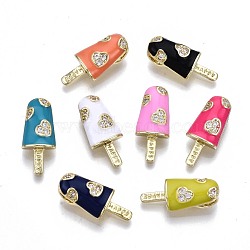 Brass Micro Pave Clear Cubic Zirconia Pendants, with Enamel, Cadmium Free & Nickel Free & Lead Free, Real 16K Gold Plated, Ice Cream with Word Happy, Mixed Color, 20x8.5x3.5mm, Hole: 3.5x2mm(ZIRC-S067-023-NR)