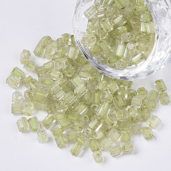 6/0 Two Cut Glass Seed Beads, Hexagon, Transparent Inside Colours Rainbow, Yellow Green, 3.5~5x3.5~4mm, Hole: 1mm, about 4500pcs/bag(SEED-S033-09B-01)