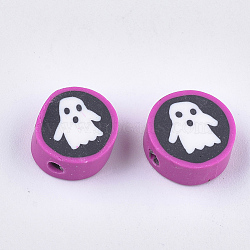 Halloween Theme Handmade Polymer Clay Beads, Flat Round with Ghost, Orchid, 10~11x5mm, Hole: 1.5mm(CLAY-S091-76)