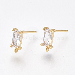 Brass Stud Earring Findings, Cubic Zirconia and Loop, Nickel Free, Real 18K Gold Plated, Rectangle, Clear, 8.5x4mm, Hole: 0.8mm, Pin: 0.8mm(KK-T038-492C)