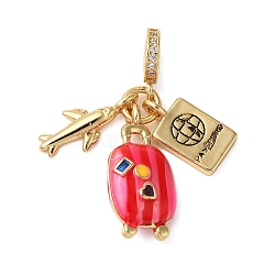 Rack Plating Brass Micro Pave Clear Cubic Zirconia European Dangle Charms, Hot Pink Enamel Luggage & Plane & Passport Large Hole Pendants, Cadmium Free & Lead Free, Long-Lasting Plated, Real 18K Gold Plated, 31mm, Hole: 4.5mm(KK-P279-32G)