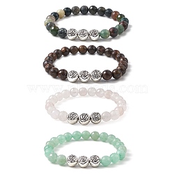 Mixed Natural Gemstone Beaded Bracelets, with Tibetan Style Alloy Rose, Mixed Color, 3/8 inch(0.8~0.95cm), Inner Diameter: 2-1/8 inch(5.3cm)(BJEW-JB09466)