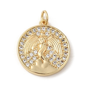 Rack Plating Brass Micro Pave Cubic Zirconia Pendants, Jump Ring, Lead Free & Cadmium Free, Flat Round & Angel Charm, Real 18K Gold Plated, 20x18x2.5mm, Hole: 3mm