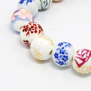 Mixed Styles Handmade Flower Printed Porcelain Ceramic Round Beads Strands, Mixed Color, 9.5~10mm, Hole: 1mm, about 35pcs/strand, 12.7 inch