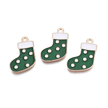 Christmas Alloy Enamel Pendants, Cadmium Free & Lead Free, Light Gold, Christmas Sock, Dark Green, 21x15.5x1.5mm, Hole: 1.8mm