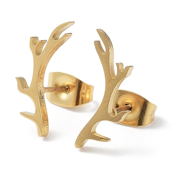 304 Stainless Steel Stud Earrings, Deer Antler, Golden, 15x9.5mm