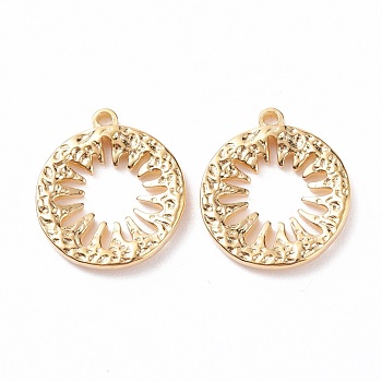 304 Stainless Steel Pendants, Flat Round with Hollow Flower, Golden, 16x14x2.5mm, Hole: 1.2mm