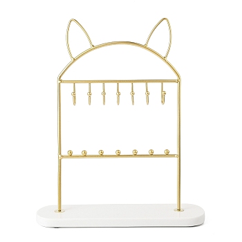 Cat Ear Iron Storage Jewelry Rack, Jewelry Display Holder with Oval Marble Base, for Earrings, Necklaces, Bracelets, Golden, 26x7.5x31.1cm