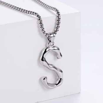 3Pcs Stainless Steel Textured Letter Pendant Box Chain Necklaces, Stainless Steel Color, Letter S