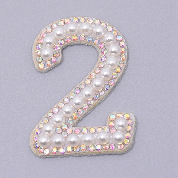 Imitation Pearls Patches, Iron/Sew on Appliques, with Glitter Rhinestone, Costume Accessories, for Clothes, Bag Pants, Number, Num.2, 44.5x31.5x4.5mm