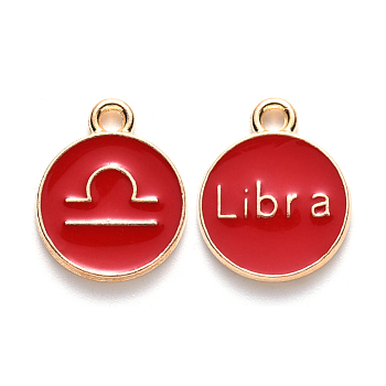 Alloy Enamel Pendants, Cadmium Free & Lead Free, Flat Round with Constellation, Light Gold, Red, Libra, 15x12x2mm, Hole: 1.5mm
