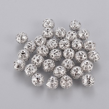 Platinum Color Hot DIY Round Filigree Brass Beads, Filigree Ball, 6mm, hole: about 0.6mm