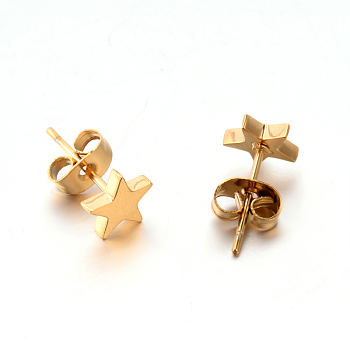 304 Stainless Steel Ear Studs, Hypoallergenic Earrings, Star, Golden, 7x7x1.3mm, Pin: 0.8mm