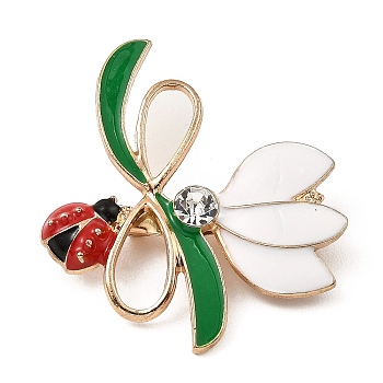 Flower & Ladybug Enamel Pins, Alloy & Glass Rhinestone Brooch for Women, with Brass Pins, White, 41x36.5x9mm