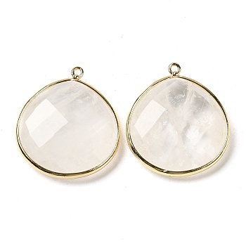 Natural Quartz Crystal Pendants, Rock Crystal Pendants, with Golden Brass Edge, Faceted, Undyed, Teardrop, 28x25x6mm, Hole: 1.6mm