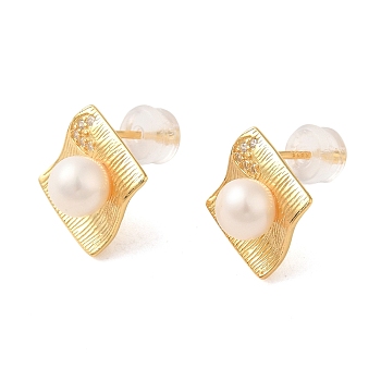 Sterling Silver Studs Earrings, with Natural Pearl,  Jewely for Women, Rhombus, Real 18K Gold Plated, 17x14mm