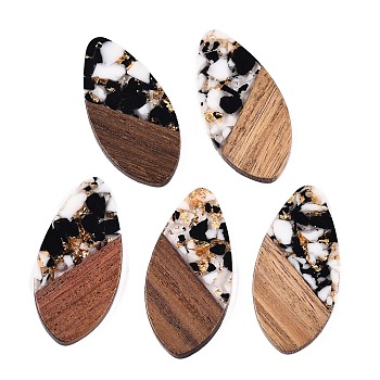 Transparent Resin and Walnut Wood Pendants, Teardrop Charms with Gold Foil, Black, 48.5x23.5x3.5mm, Hole: 2mm