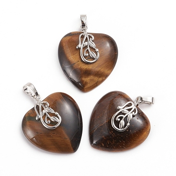 Natural Tiger Eye Pendants, with Platinum Tone Brass Ice Pick Pinch Bails, Heart, 35~36x30~31x9mm, Hole: 7~8x5mm