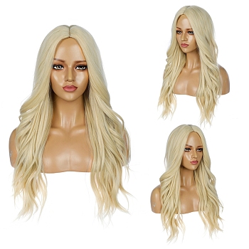 Long Wavy Curly Wigs, Middle Part Synthetic Wigs, Heat Resistant High Temperature Fiber, For Woman, Light Goldenrod Yellow, 28.34 inch(72cm)