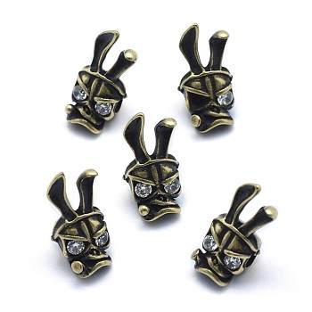 Brass Beads, with Clear Cubic Zirconia, Cadmium Free & Nickel Free & Lead Free, Skull, Antique Golden, 15.5x7.5x7mm, Hole: 2mm