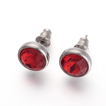 304 Stainless Steel Stud Earrings, with Rhinestone, Flat Round, Light Siam, 10x6mm, Pin: 0.9mm