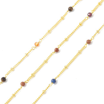 Brass Link Chains, with Gemstone Beads, Unwelded, with Spool, Golden, 2~9x1.5~3x0.8~3mm