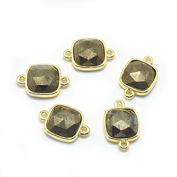 Natural Pyrite Links connectors, with Golden Tone Brass Findings, Square, Faceted, 16x11x5mm, Hole: 1.2mm
