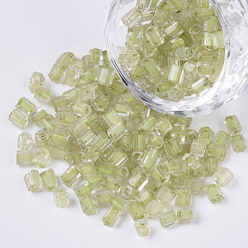 6/0 Two Cut Glass Seed Beads, Hexagon, Transparent Inside Colours Rainbow, Yellow Green, 3.5~5x3.5~4mm, Hole: 1mm, about 4500pcs/bag