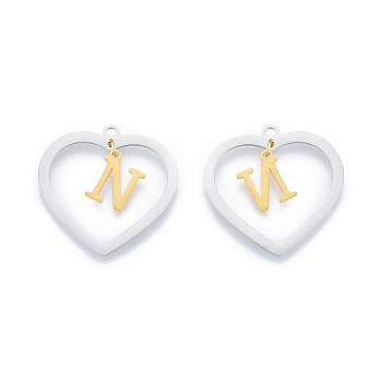 201 Stainless Steel Pendants, Hollow, Heart with Letter A~Z, Real Gold Plated & Stainless Steel Color, Letter.N, 29x29.5x1mm, Hole: 2mm, A~Z: 12x8~10.5x1mm