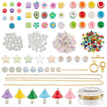 PandaHall Elite DIY Candy Color Bracelet Necklace Making Kit, Including Resin Mushroom Pendants, Round & Flower & Fruit Polymer Clay & Resin & Acrylic & Glass Beads, Iron Chain Necklace Making, Mixed Color