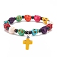 Natural Mashan Jade Skull Beaded Stretch Bracelet with Synthetic Turquoise(Dyed) Cross Charm(BJEW-JB08372)-4