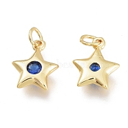 Brass Micro Pave Cubic Zirconia Charms, with Jump Ring, Stars, Golden, Marine Blue, 11.5x8.5x2.5mm, Hole: 1.5mm Jump rings: 3.5x0.8mm(KK-M206-30G-02)